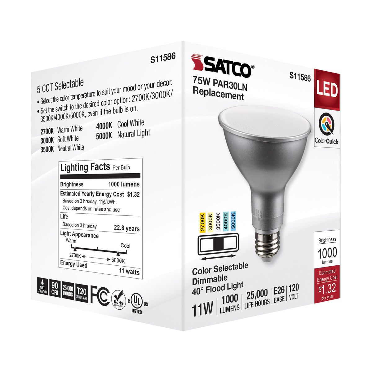 11 Watt PAR30LN LED - Medium Base - Silver Finish - CCT Selectable - 120 Volt - 40 Degree Beam Angle