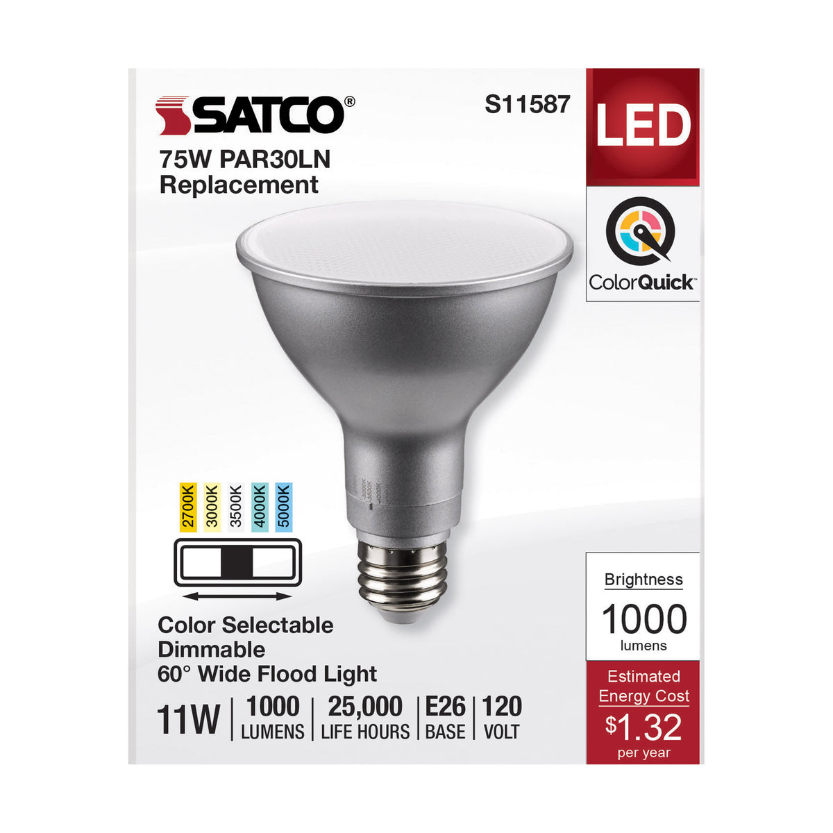 11 Watt PAR30LN LED - Medium Base - Silver Finish - CCT Selectable - 120 Volt - 60 Degree Beam Angle