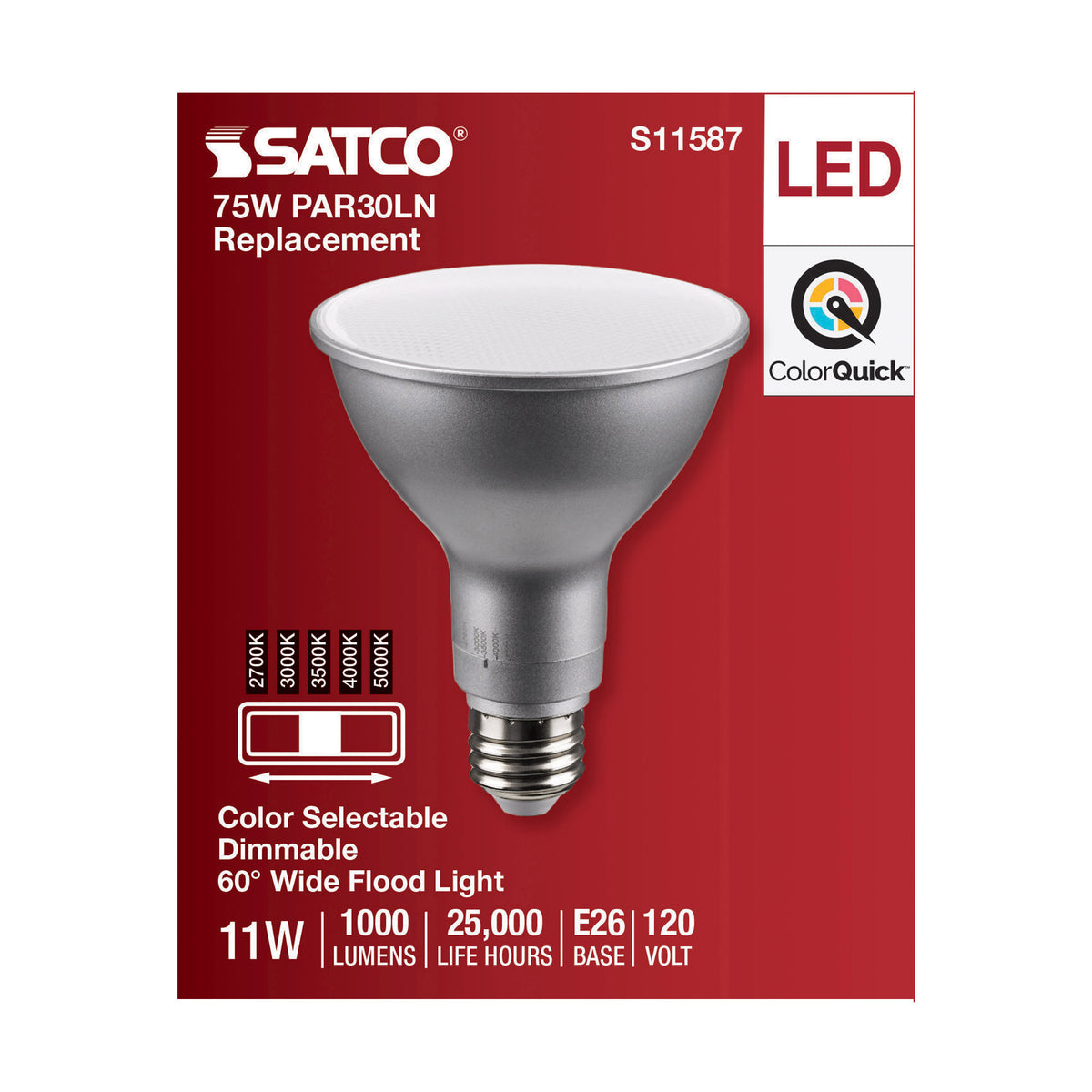 11 Watt PAR30LN LED - Medium Base - Silver Finish - CCT Selectable - 120 Volt - 60 Degree Beam Angle