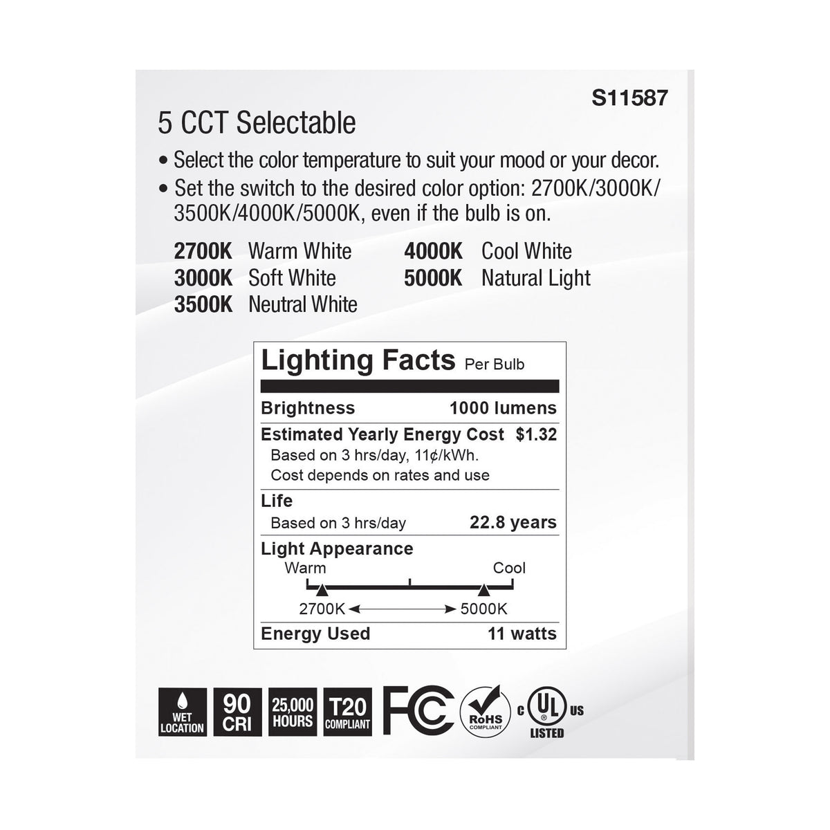 11 Watt PAR30LN LED - Medium Base - Silver Finish - CCT Selectable - 120 Volt - 60 Degree Beam Angle