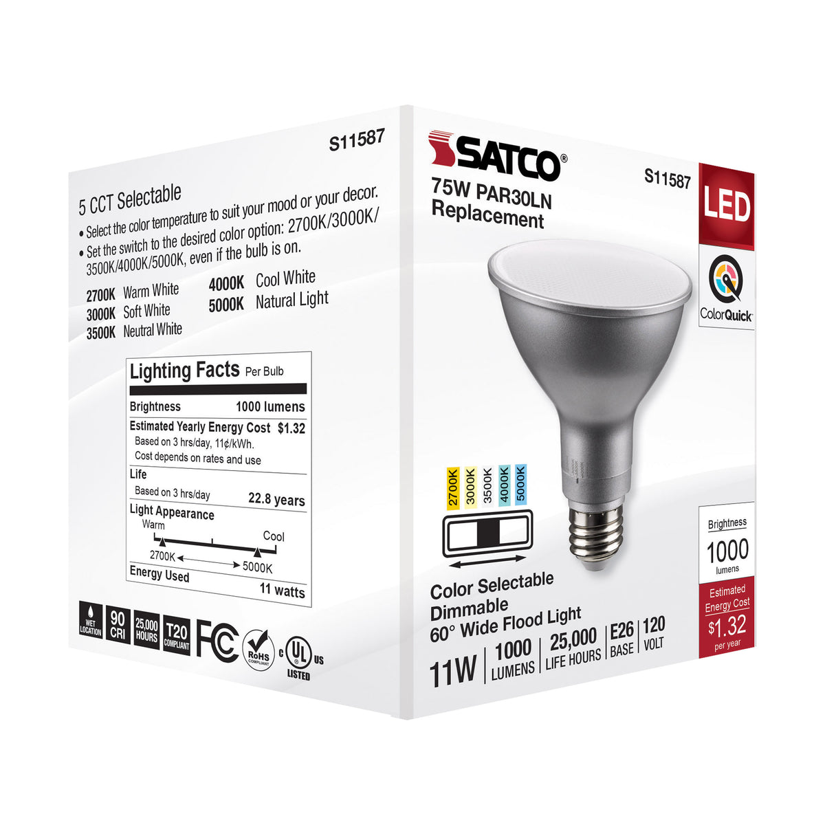 11 Watt PAR30LN LED - Medium Base - Silver Finish - CCT Selectable - 120 Volt - 60 Degree Beam Angle