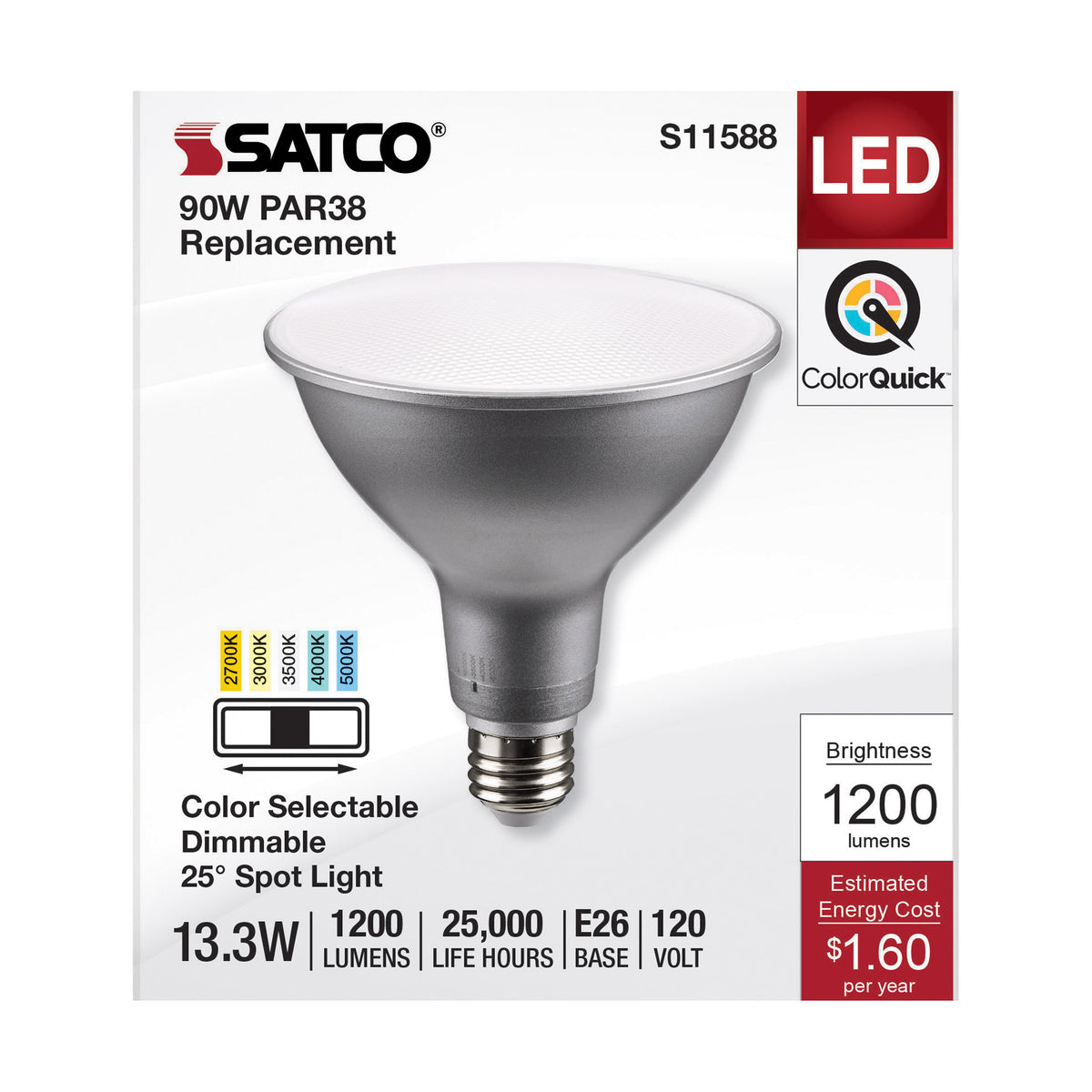 13.3 Watt PAR38 LED - Medium Base - Silver Finish - CCT Selectable - 120 Volt - 25 Degree Beam Angle