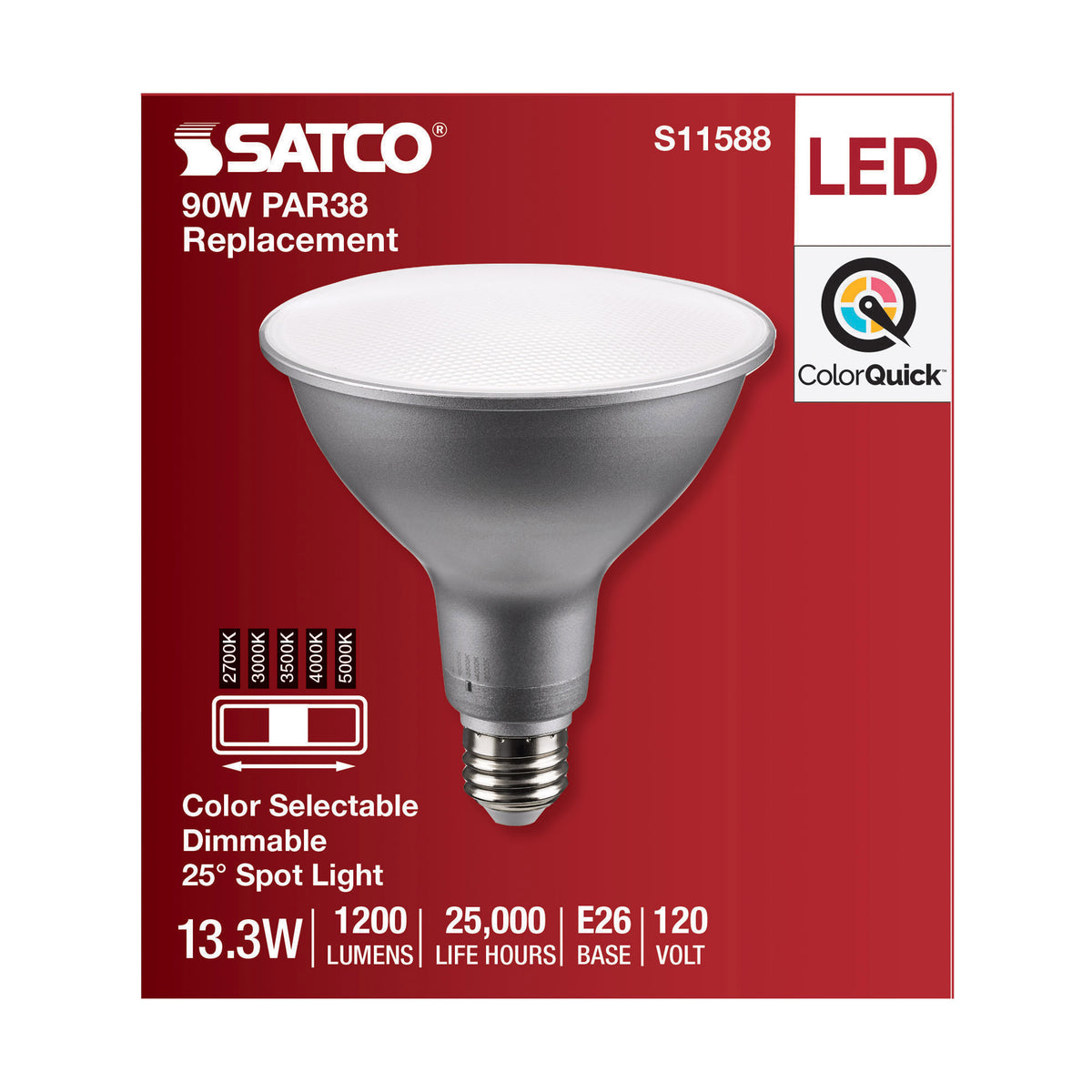 13.3 Watt PAR38 LED - Medium Base - Silver Finish - CCT Selectable - 120 Volt - 25 Degree Beam Angle