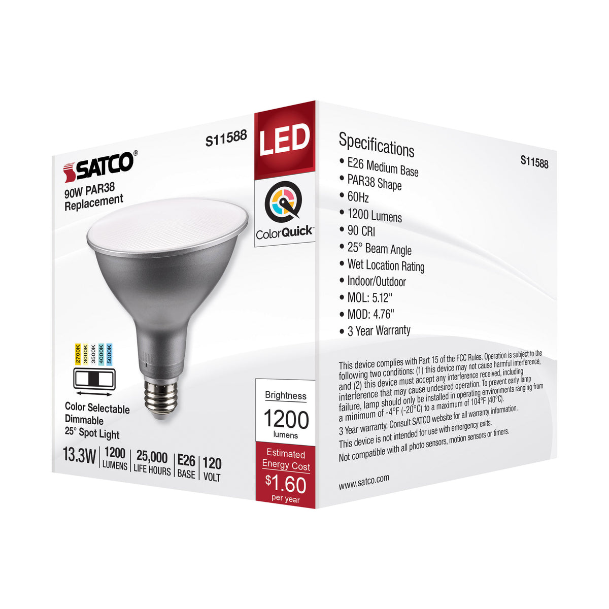 13.3 Watt PAR38 LED - Medium Base - Silver Finish - CCT Selectable - 120 Volt - 25 Degree Beam Angle