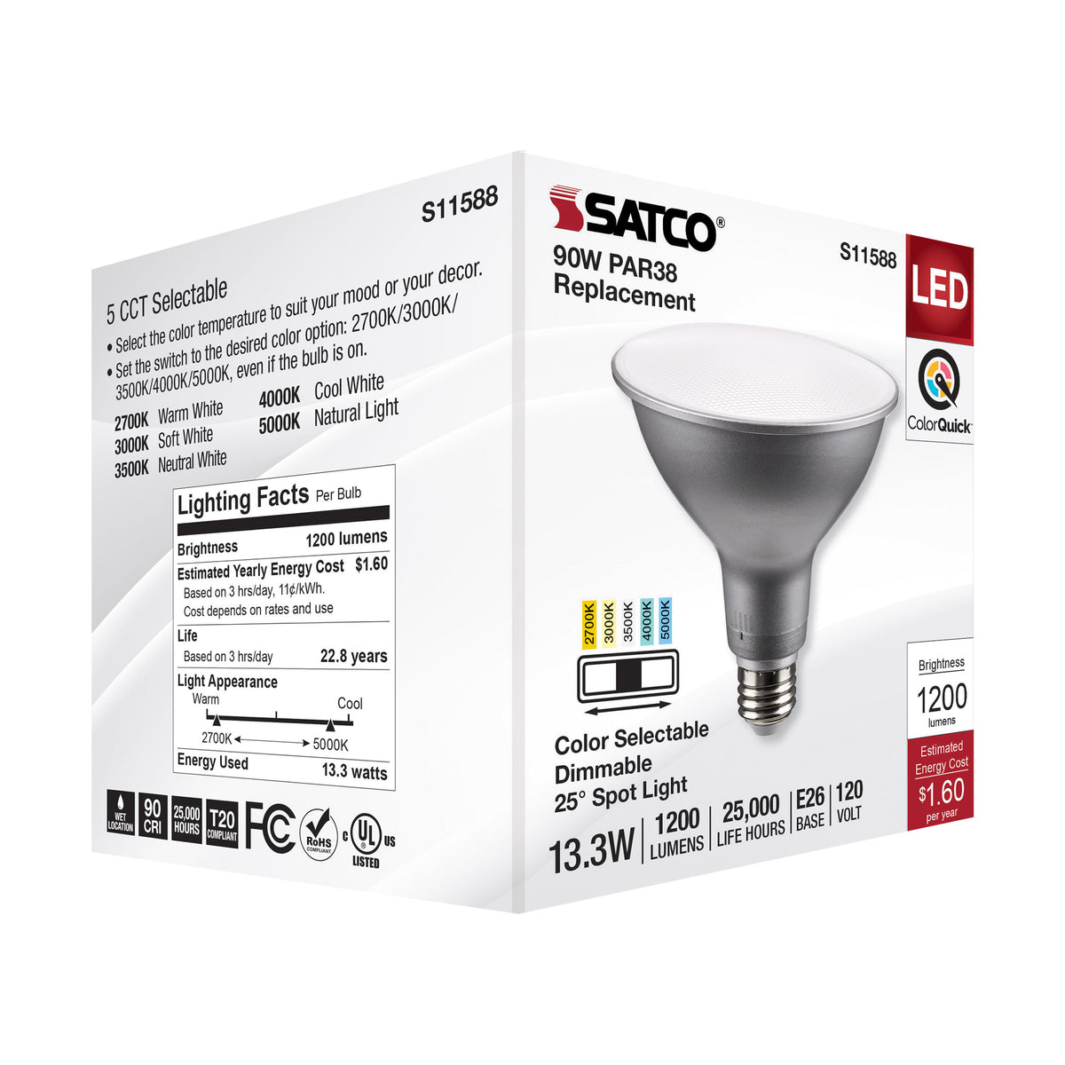 13.3 Watt PAR38 LED - Medium Base - Silver Finish - CCT Selectable - 120 Volt - 25 Degree Beam Angle