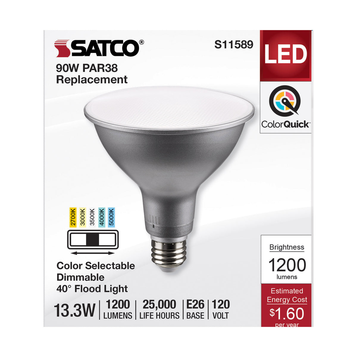 13.3 Watt PAR38 LED - Medium Base - Silver Finish - CCT Selectable - 120 Volt - 40 Degree Beam Angle