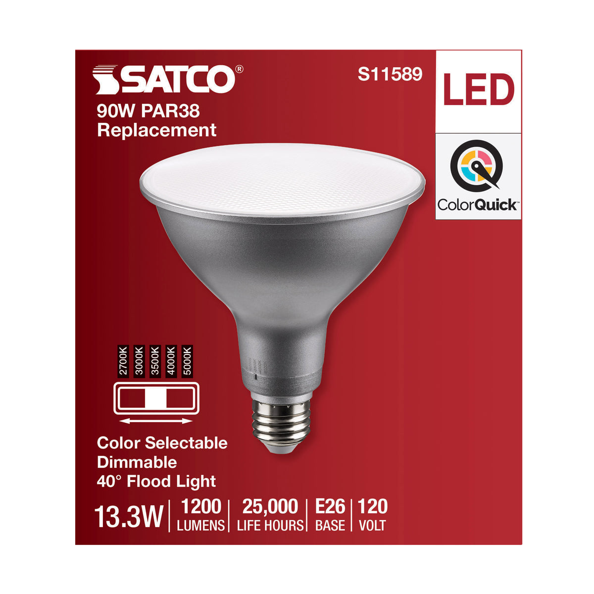 13.3 Watt PAR38 LED - Medium Base - Silver Finish - CCT Selectable - 120 Volt - 40 Degree Beam Angle