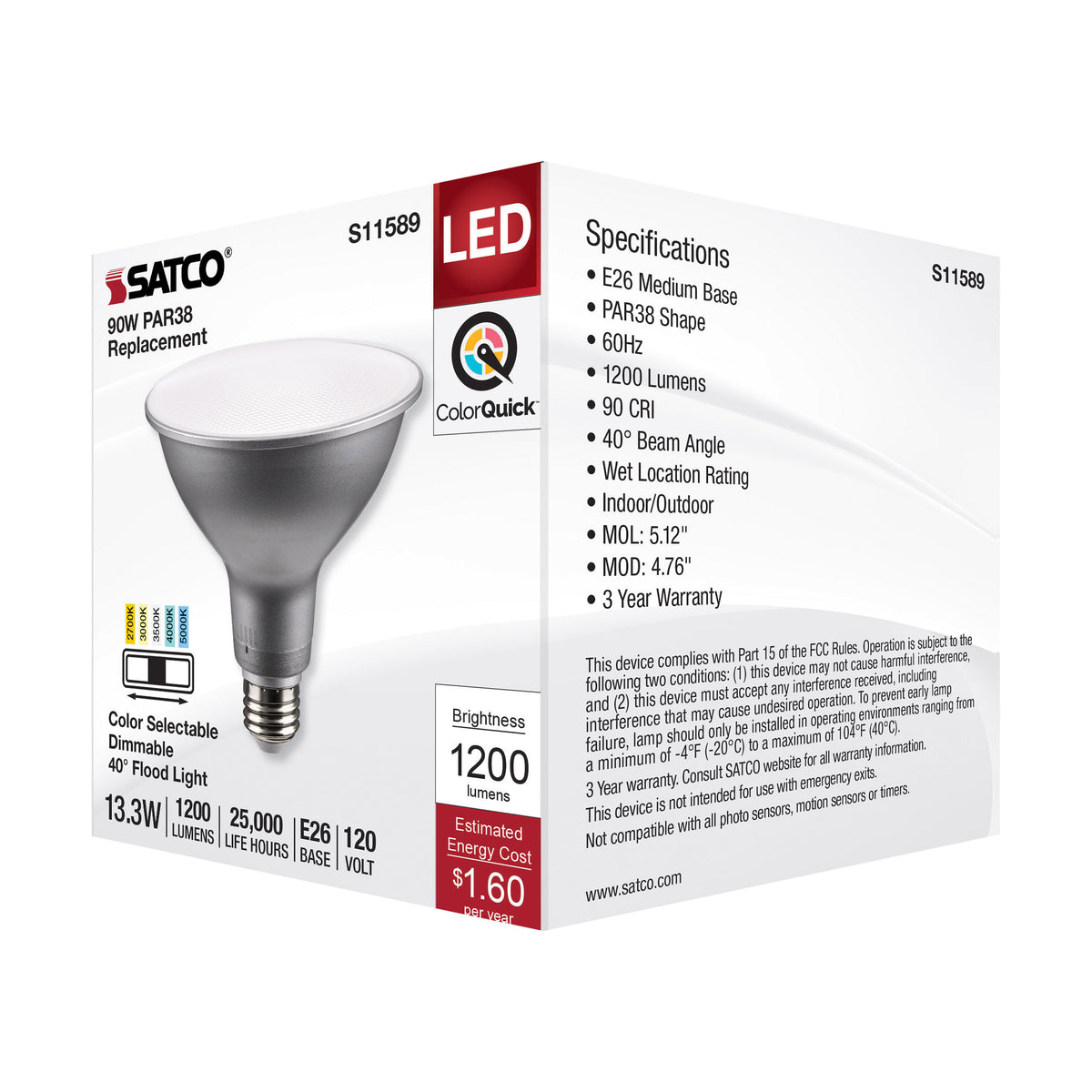 13.3 Watt PAR38 LED - Medium Base - Silver Finish - CCT Selectable - 120 Volt - 40 Degree Beam Angle