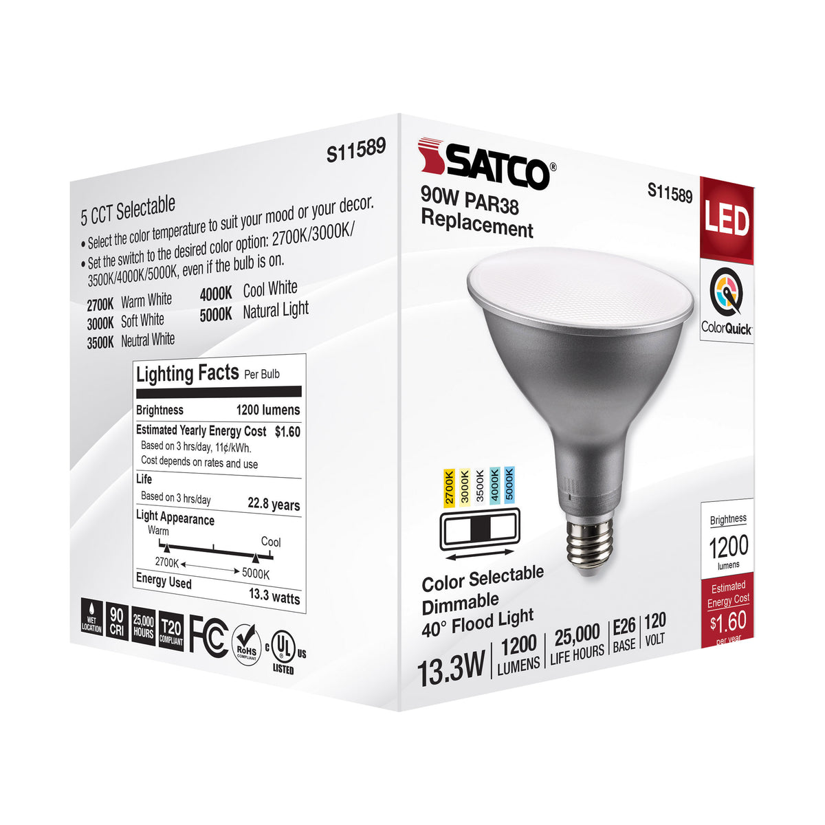 13.3 Watt PAR38 LED - Medium Base - Silver Finish - CCT Selectable - 120 Volt - 40 Degree Beam Angle