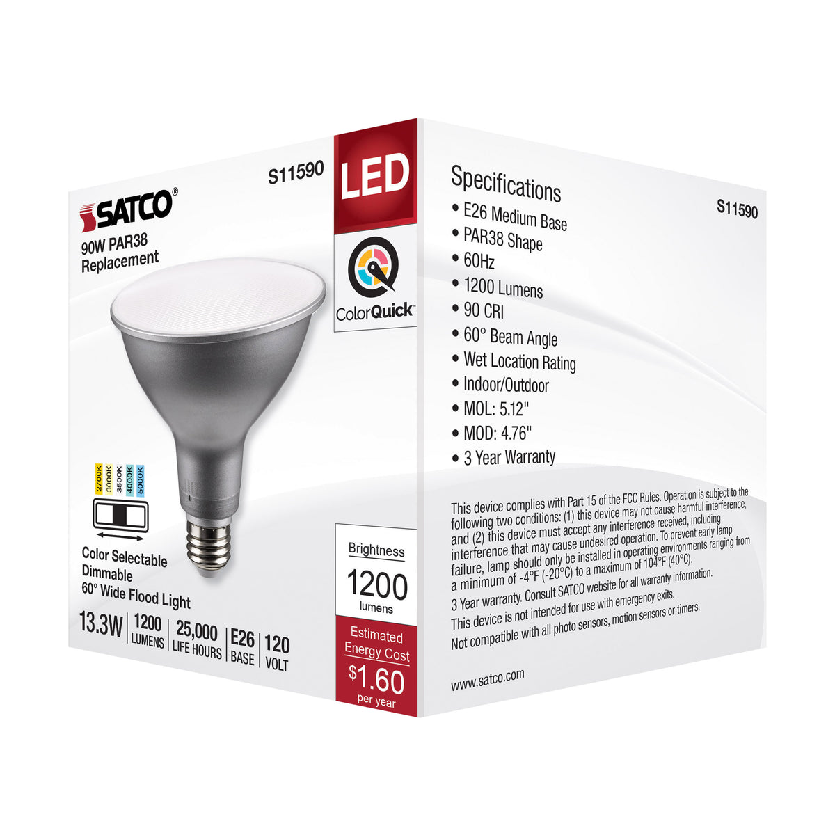 13.3 Watt PAR38 LED - Medium Base - Silver Finish - CCT Selectable - 120 Volt - 60 Degree Beam Angle
