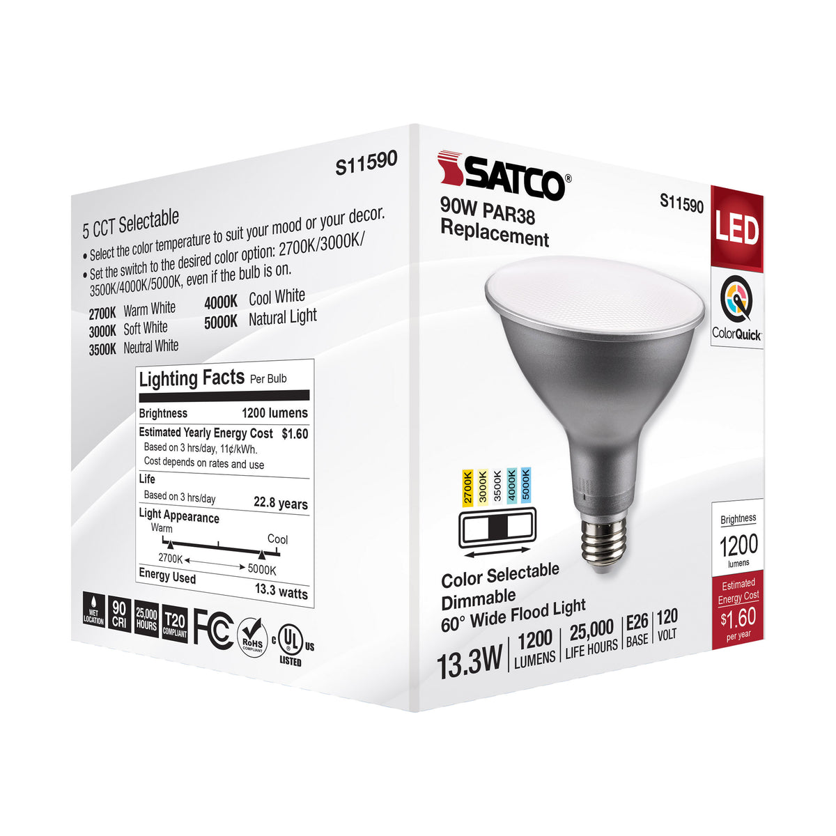 13.3 Watt PAR38 LED - Medium Base - Silver Finish - CCT Selectable - 120 Volt - 60 Degree Beam Angle