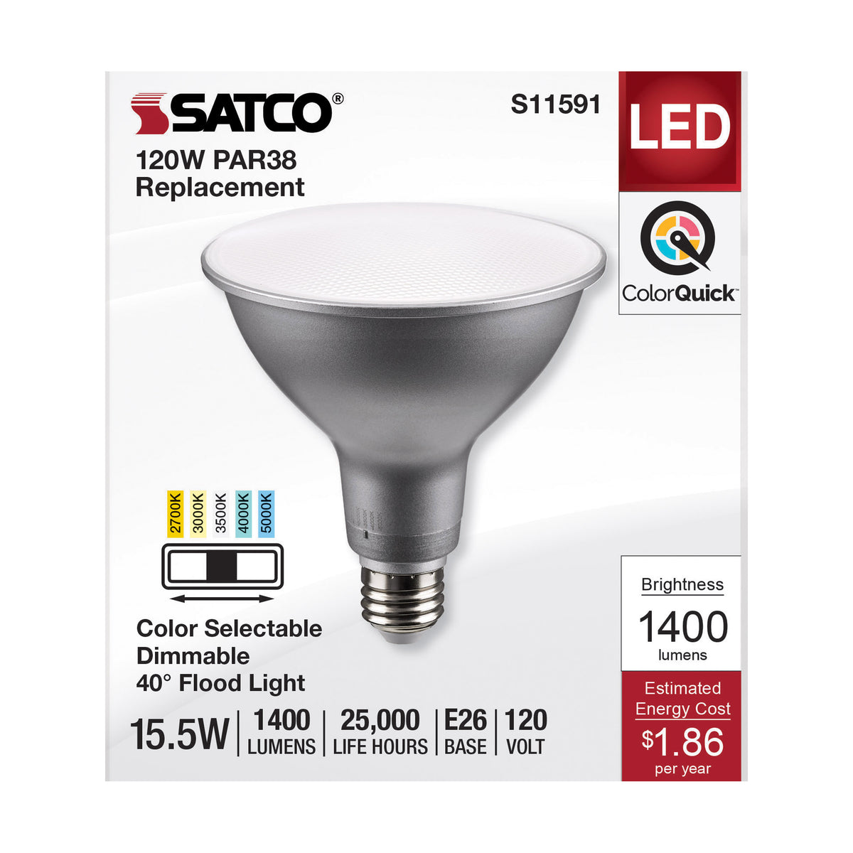 15.5 Watt PAR38 LED - Medium Base - Silver Finish - CCT Selectable - 120 Volt - 40 Degree Beam Angle