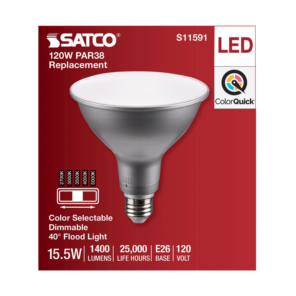 15.5 Watt PAR38 LED - Medium Base - Silver Finish - CCT Selectable - 120 Volt - 40 Degree Beam Angle
