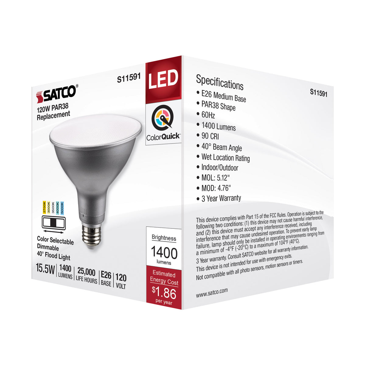 15.5 Watt PAR38 LED - Medium Base - Silver Finish - CCT Selectable - 120 Volt - 40 Degree Beam Angle