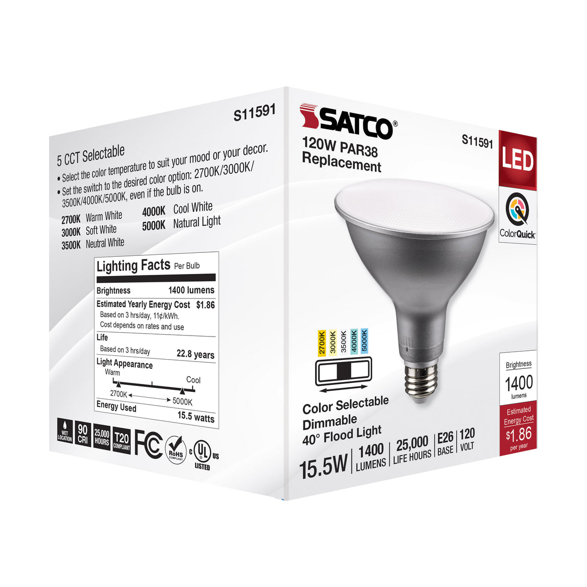15.5 Watt PAR38 LED - Medium Base - Silver Finish - CCT Selectable - 120 Volt - 40 Degree Beam Angle