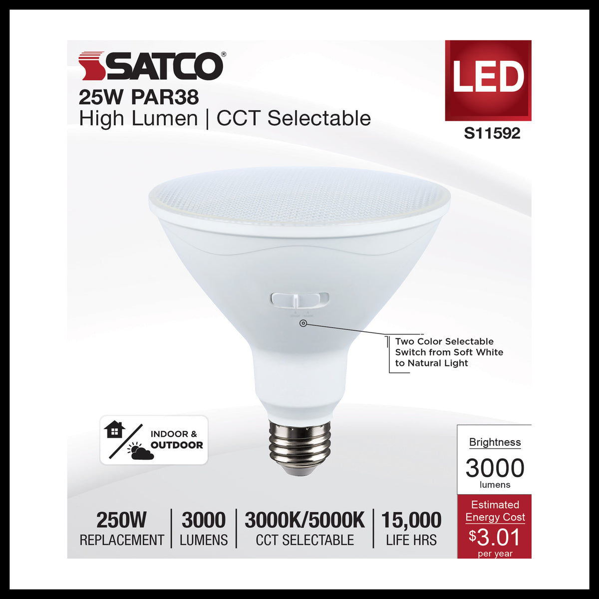 25 Watt PAR38 LED - 3000K/5000K CCT Selectable - High Lumen - Medium Base - White Finish - 120 Volt