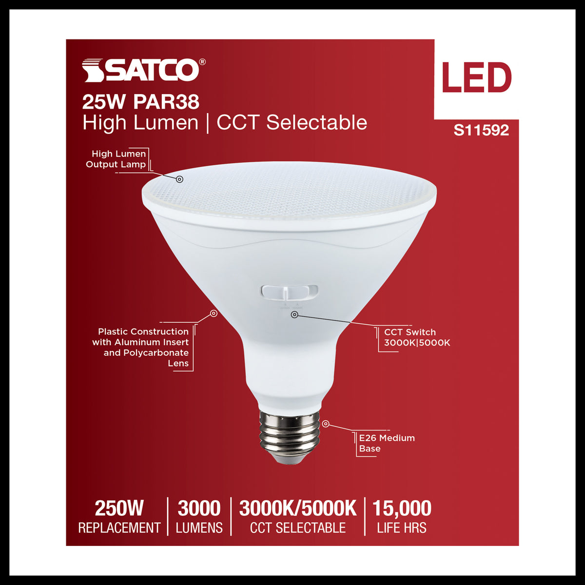 25 Watt PAR38 LED - 3000K/5000K CCT Selectable - High Lumen - Medium Base - White Finish - 120 Volt