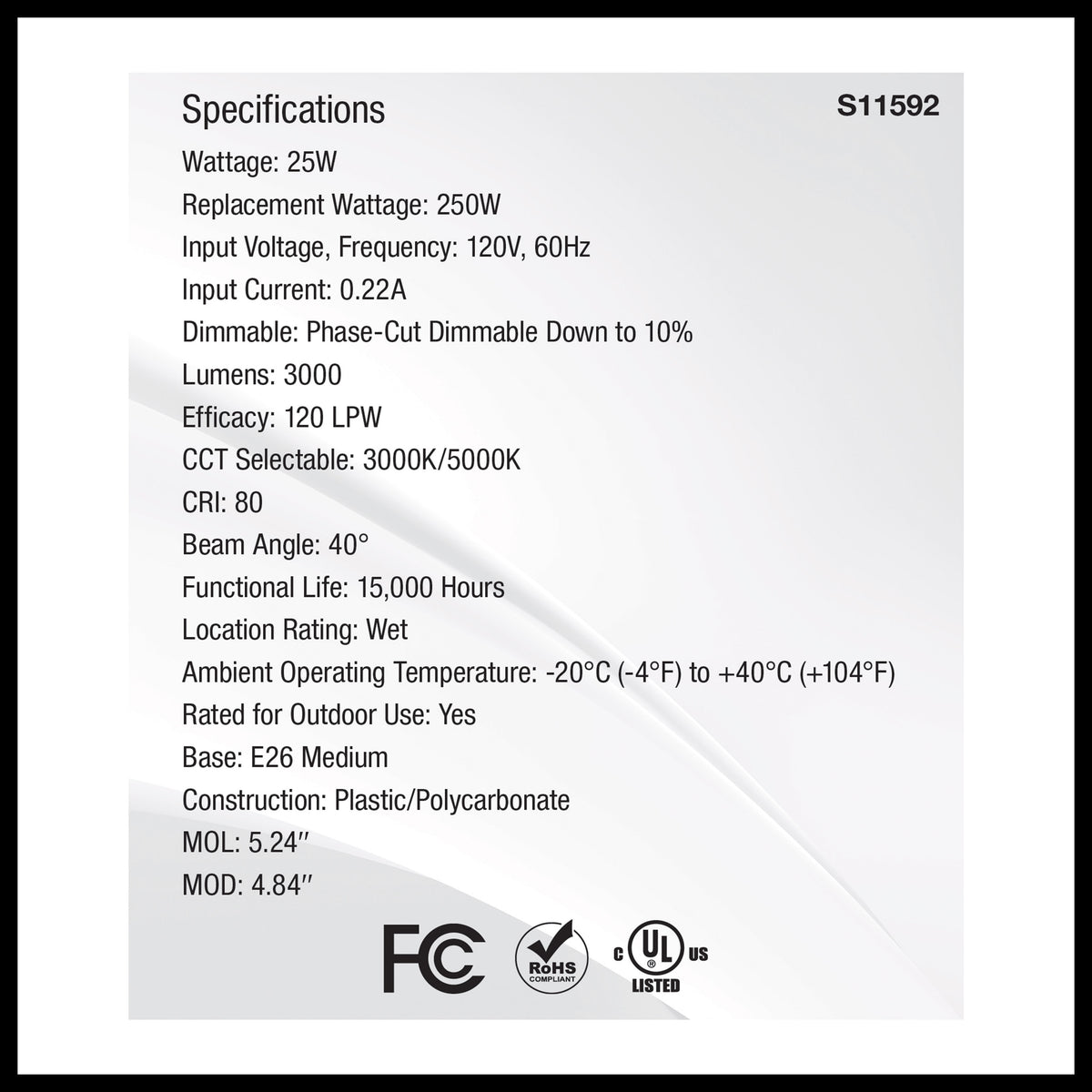 25 Watt PAR38 LED - 3000K/5000K CCT Selectable - High Lumen - Medium Base - White Finish - 120 Volt