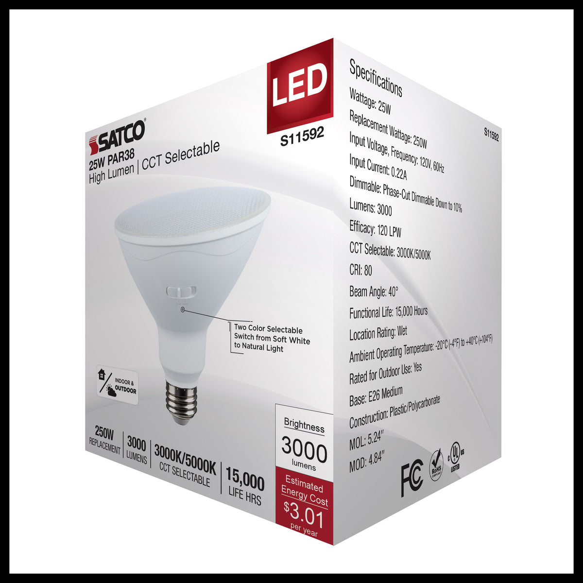 25 Watt PAR38 LED - 3000K/5000K CCT Selectable - High Lumen - Medium Base - White Finish - 120 Volt