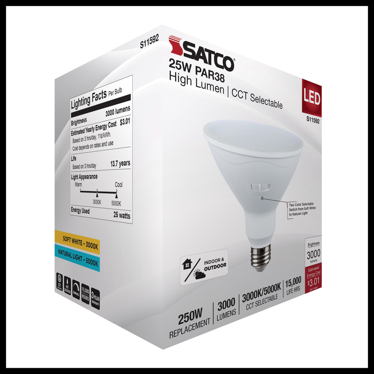 25 Watt PAR38 LED - 3000K/5000K CCT Selectable - High Lumen - Medium Base - White Finish - 120 Volt