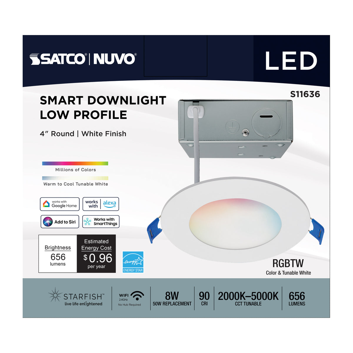 Starfish - 8 Watt LED Direct Wire Downlight - 4-Inch - Remote Driver - RGBTW - Round - White Finish