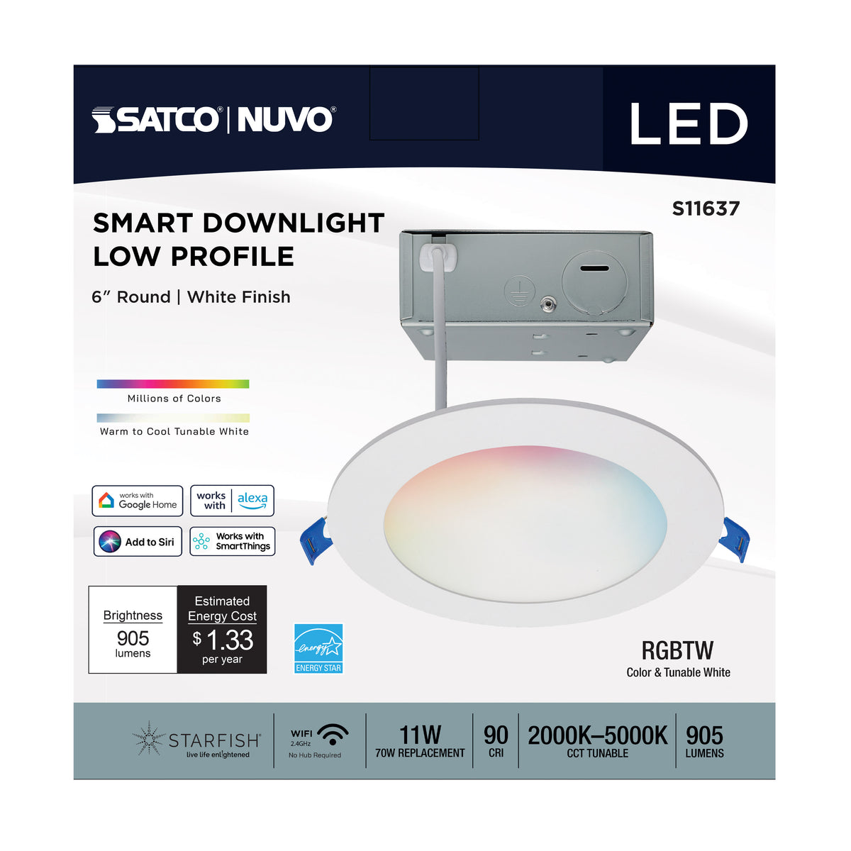 Starfish - 11 Watt LED Direct Wire Downlight - 6-Inch - Remote Driver - RGBTW - Round - White Finish