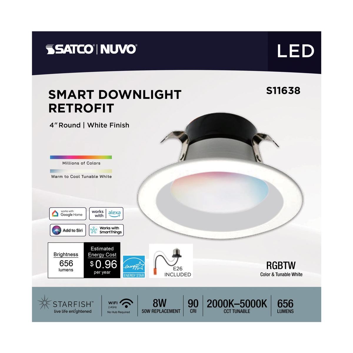 Starfish - 8 Watt LED Retrofit Downlight - 4 Inch - RGBTW - Round - White Finish