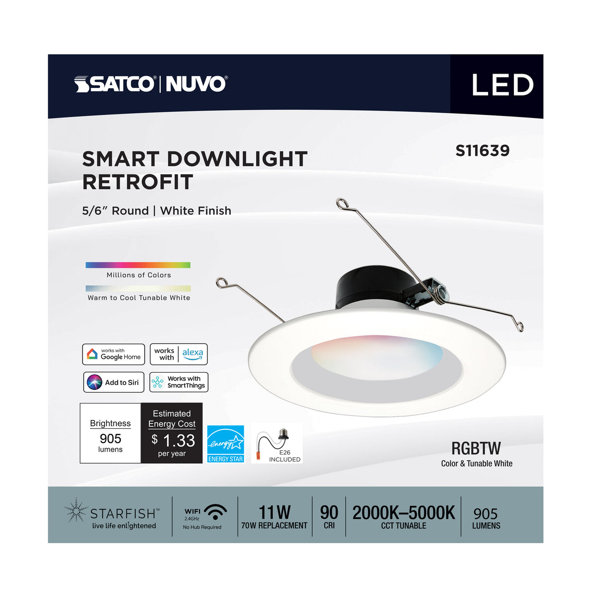 Starfish - 11 Watt LED Retrofit Downlight - 5-6 Inch - RGBTW - Round - White Finish