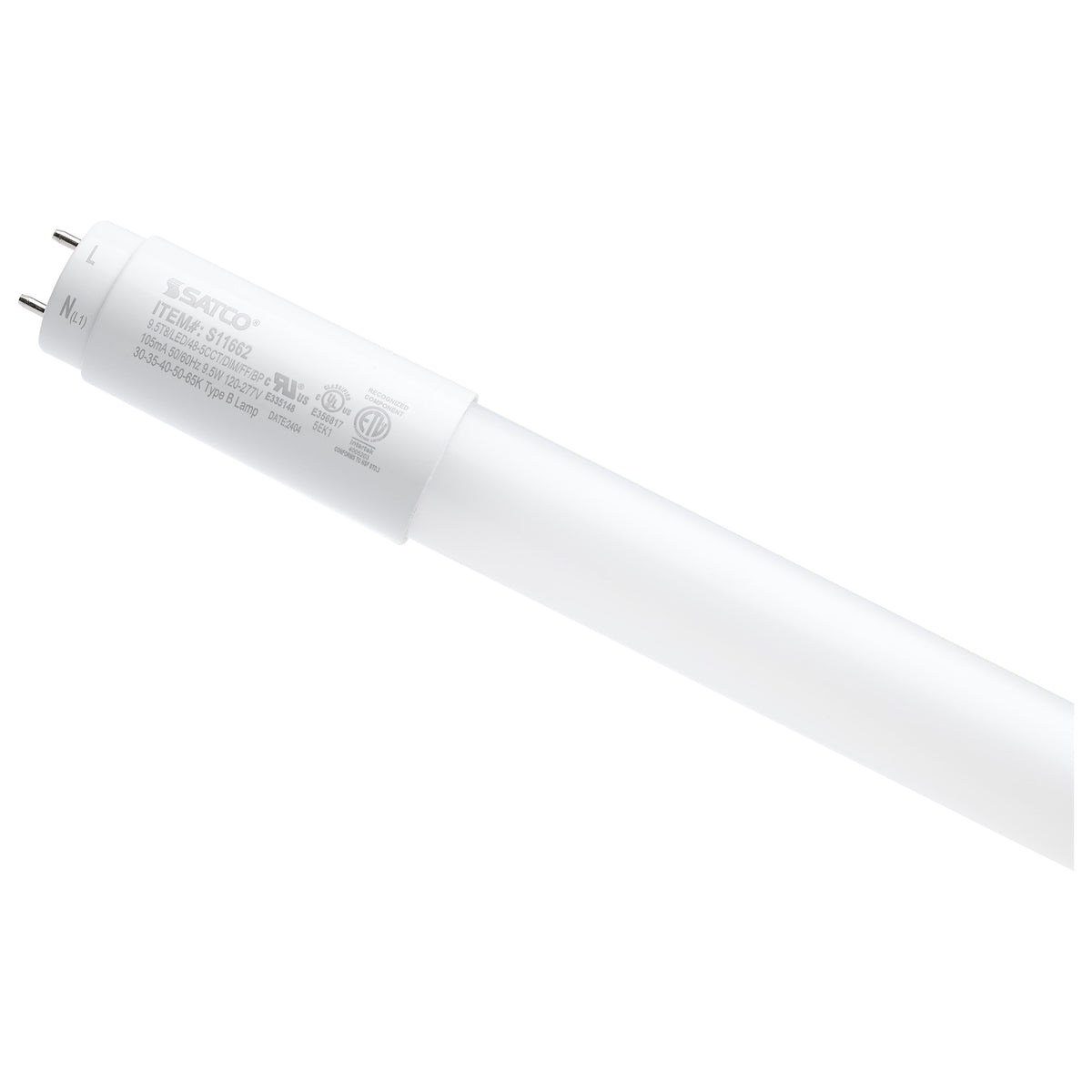 9.5 Watt T8 LED - 48 Inch - 30K/35K/40K/50K/65K Selectable - Low Optical Flicker (less than 5%) - Medium Bi Pin Base - Type B