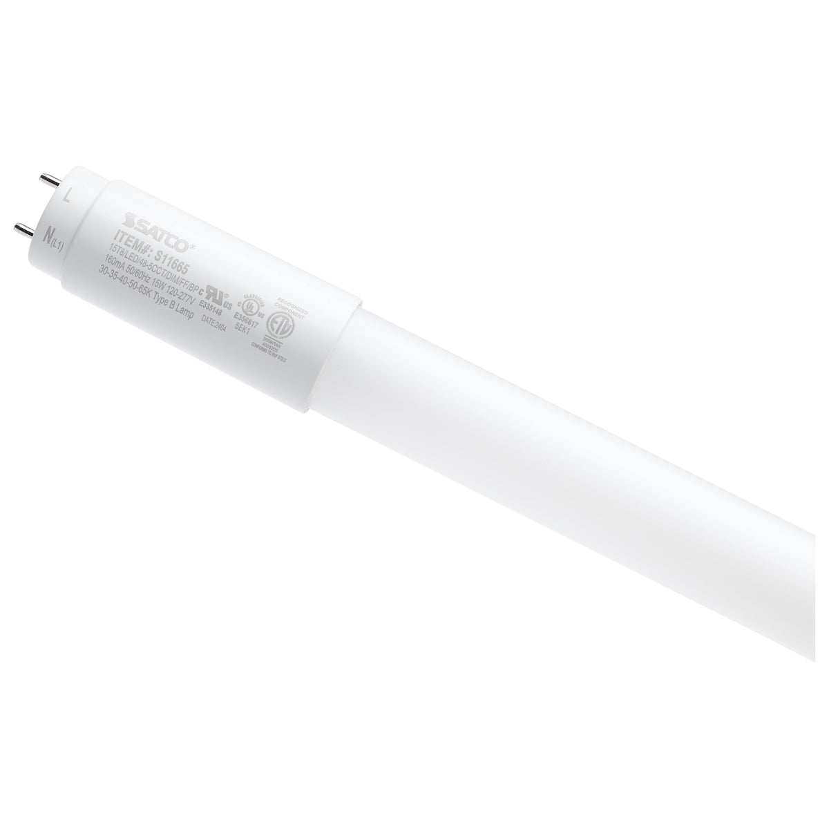 15 Watt T8 LED - 48 Inch - 30K/35K/40K/50K/65K Selectable - Low Optical Flicker (less than 5%) - Medium Bi Pin Base - Type B