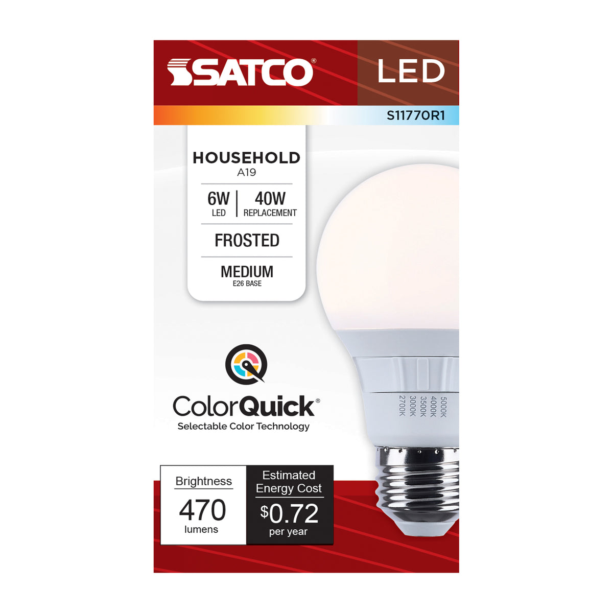 6 Watt A19 LED - 27K/3K/35K/4K/5K CCT Selectable - Medium Base - Frost Finish - 120 Volt