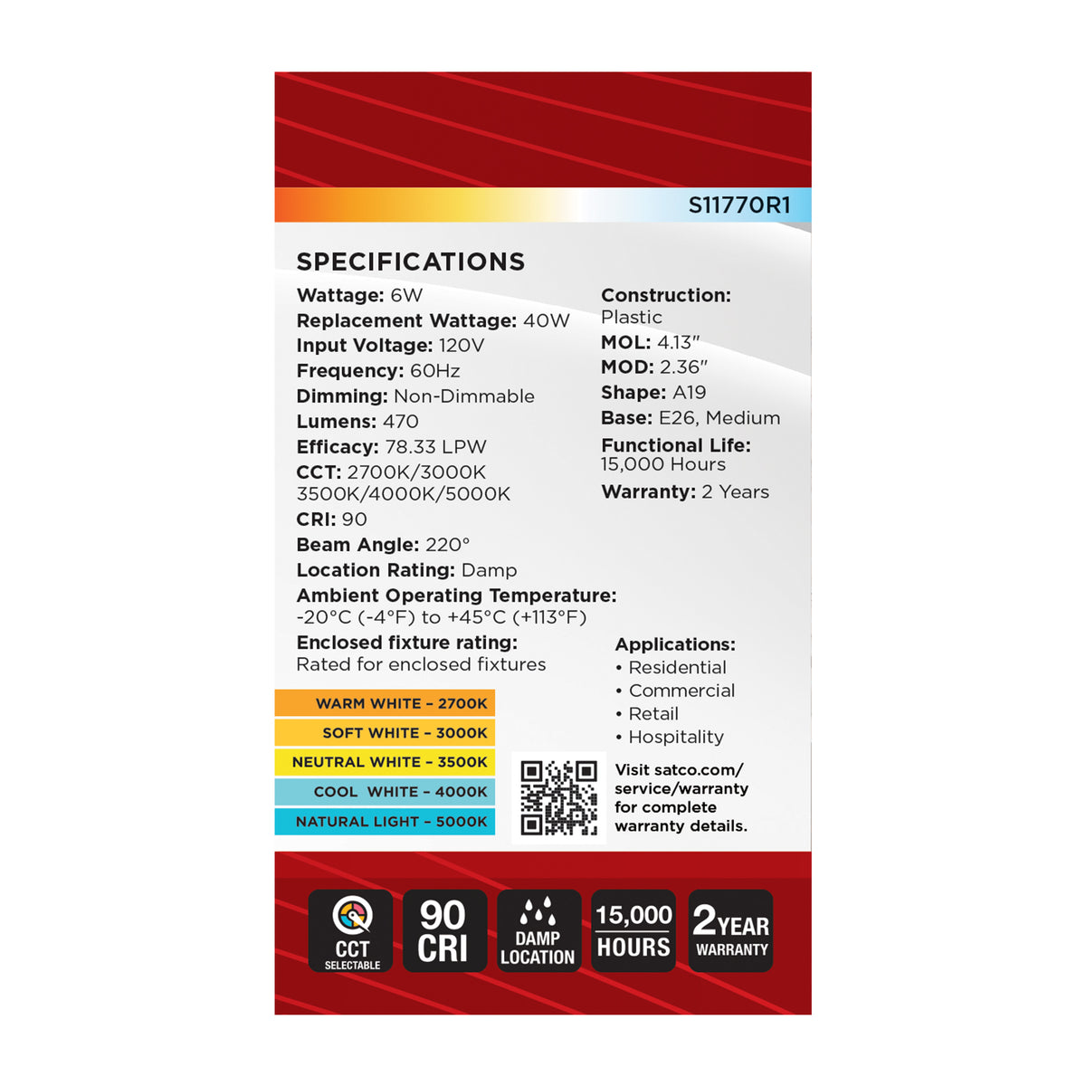 6 Watt A19 LED - 27K/3K/35K/4K/5K CCT Selectable - Medium Base - Frost Finish - 120 Volt
