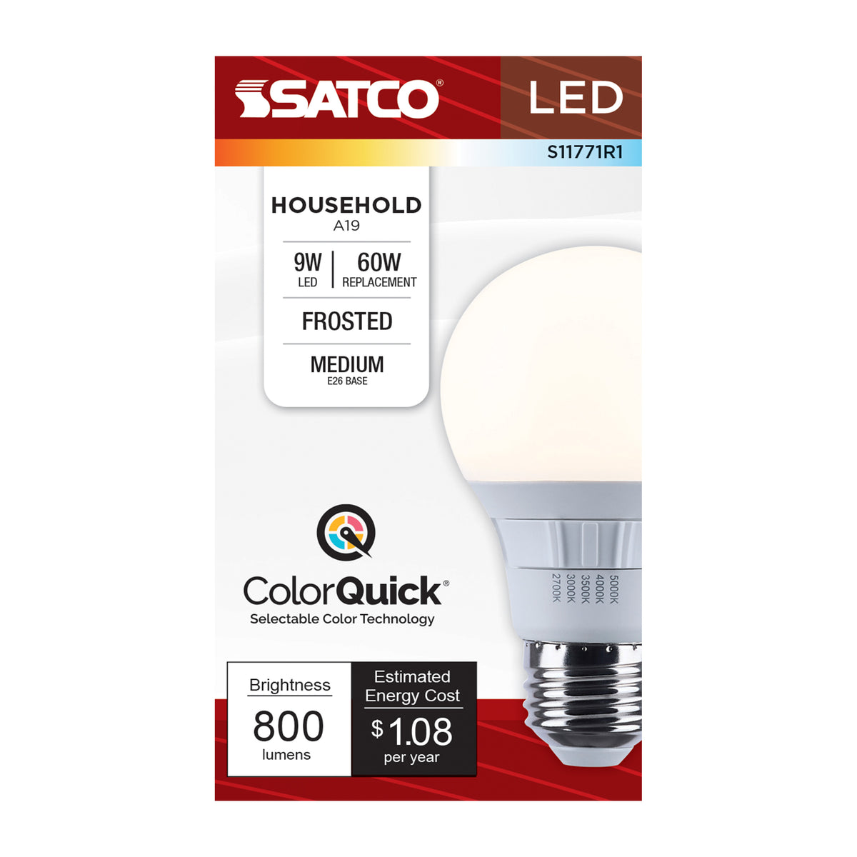 9 Watt A19 LED - 27K/3K/35K/4K/5K CCT Selectable - Medium Base - Frost Finish - 120 Volt