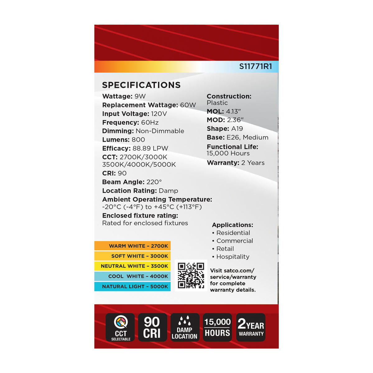 9 Watt A19 LED - 27K/3K/35K/4K/5K CCT Selectable - Medium Base - Frost Finish - 120 Volt