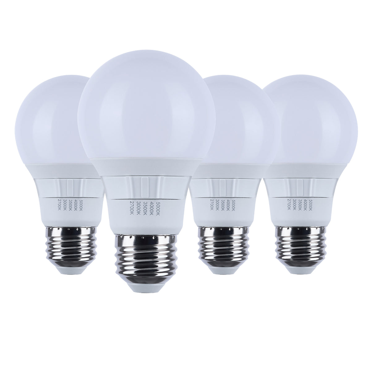 9 Watt A19 LED - 27K/3K/35K/4K/5K CCT Selectable - Medium Base - Frost Finish - 120 Volt - 4-Pack
