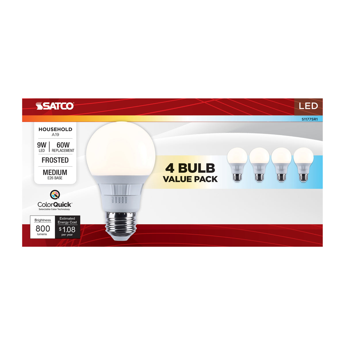 9 Watt A19 LED - 27K/3K/35K/4K/5K CCT Selectable - Medium Base - Frost Finish - 120 Volt - 4-Pack