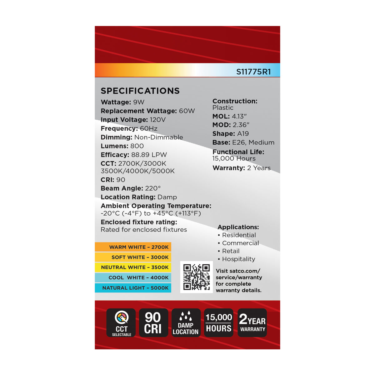 9 Watt A19 LED - 27K/3K/35K/4K/5K CCT Selectable - Medium Base - Frost Finish - 120 Volt - 4-Pack