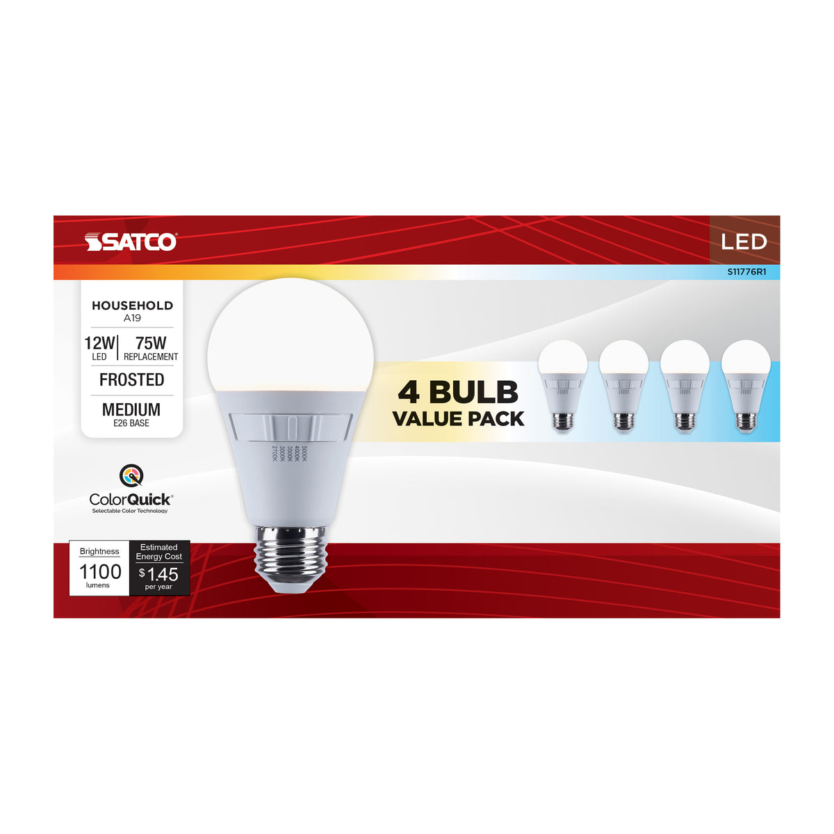 12 Watt A19 LED - 27K/3K/35K/4K/5K CCT Selectable - Medium Base - Frost Finish - 120 Volt - 4-Pack