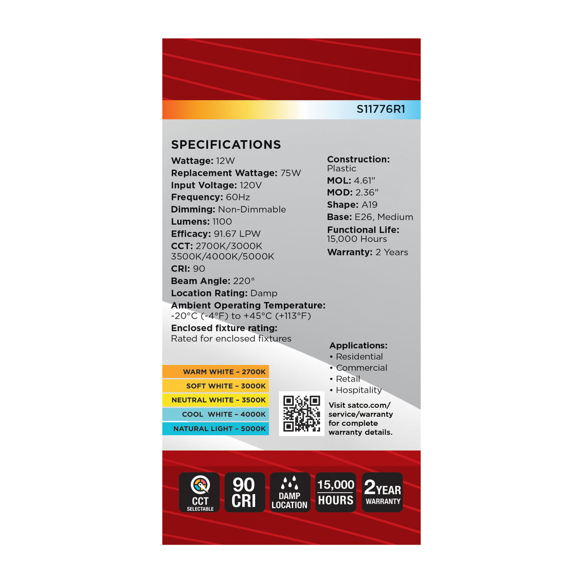 12 Watt A19 LED - 27K/3K/35K/4K/5K CCT Selectable - Medium Base - Frost Finish - 120 Volt - 4-Pack