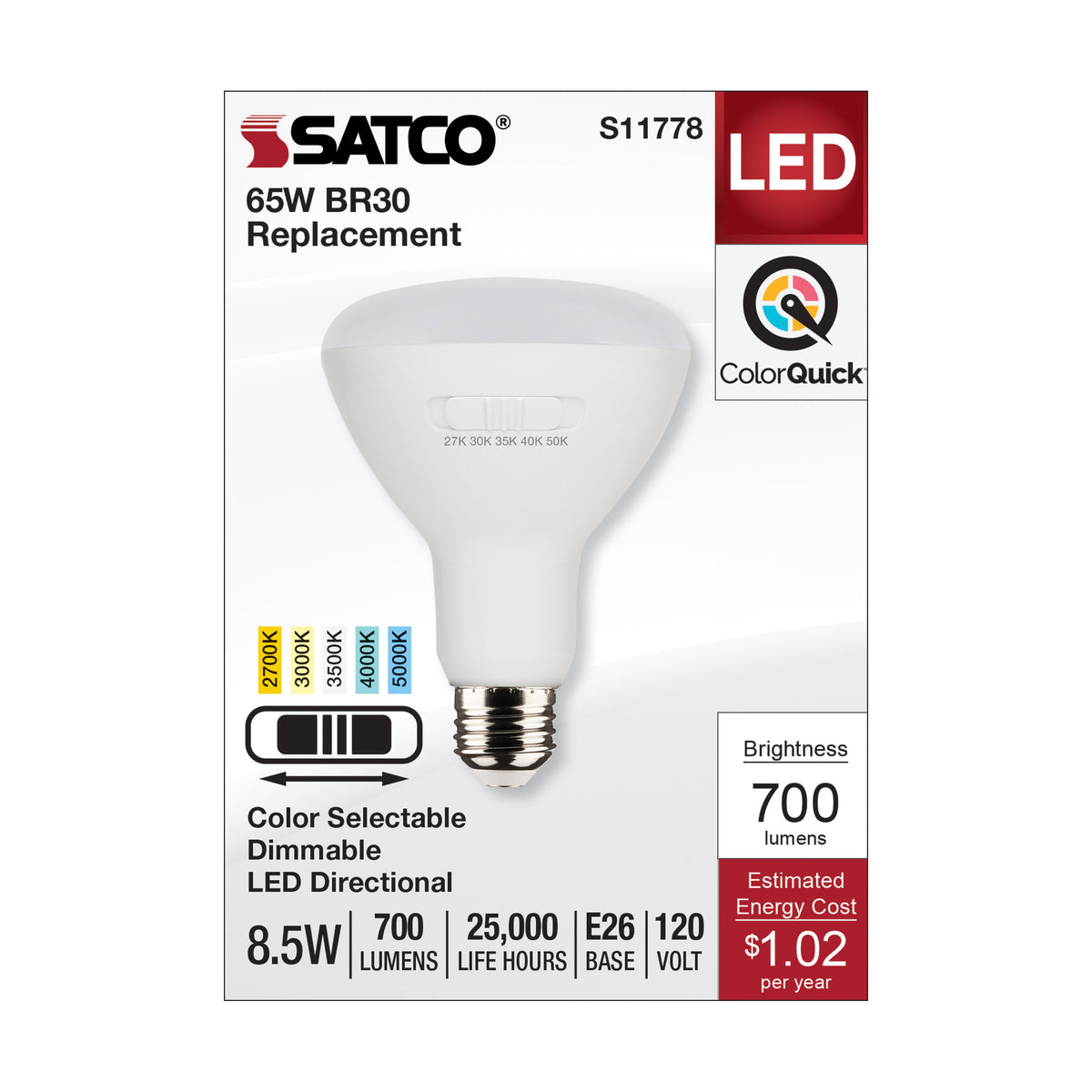 8.5 Watt BR30 LED - Medium Base - CCT Selectable - White Finish - 90 CRI - 120 Volt