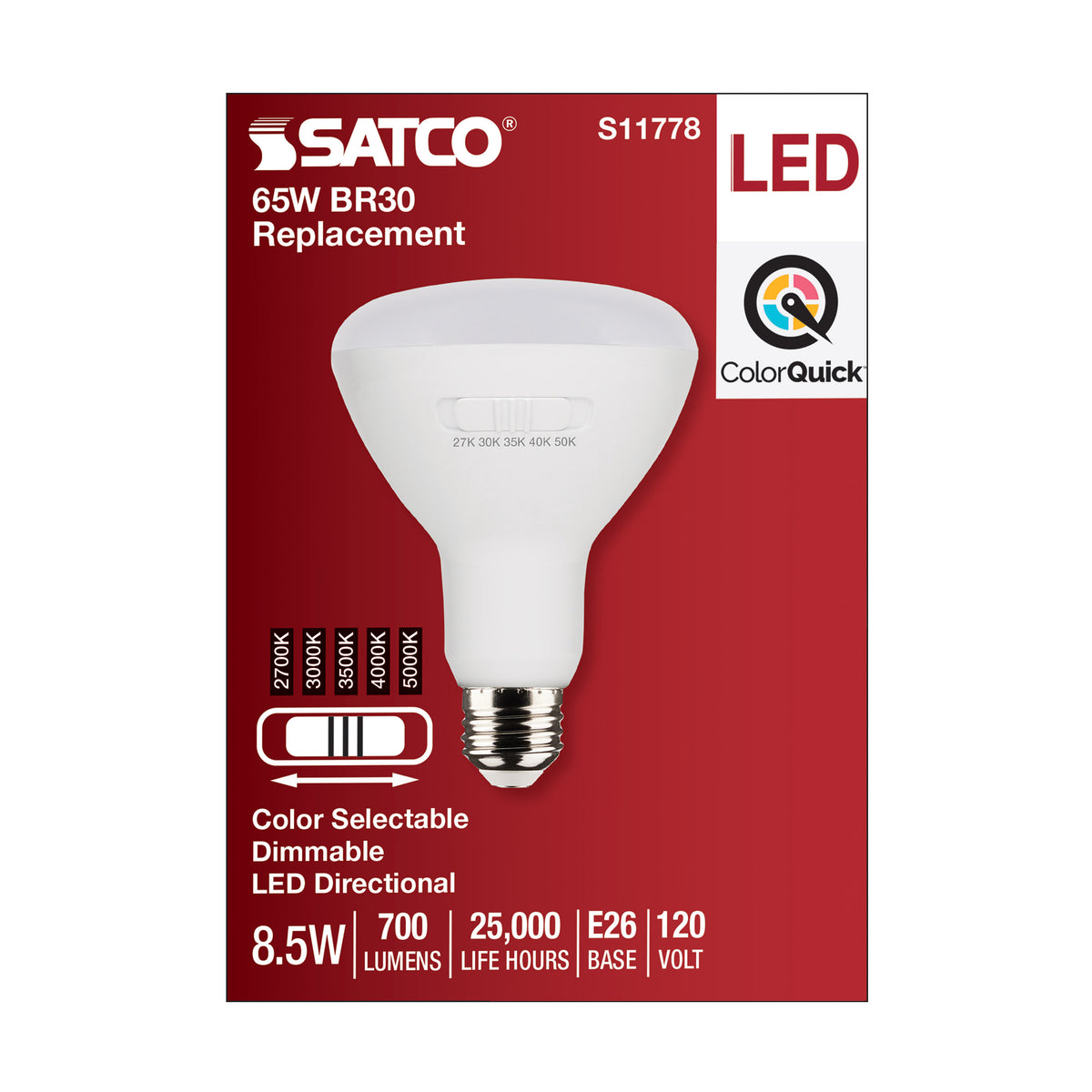 8.5 Watt BR30 LED - Medium Base - CCT Selectable - White Finish - 90 CRI - 120 Volt