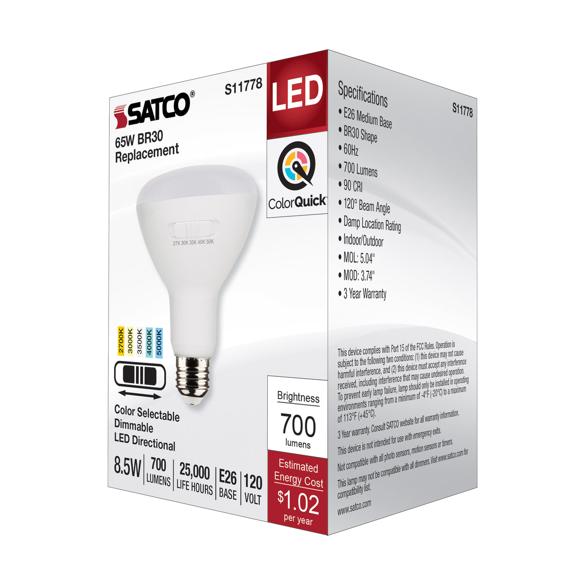 8.5 Watt BR30 LED - Medium Base - CCT Selectable - White Finish - 90 CRI - 120 Volt