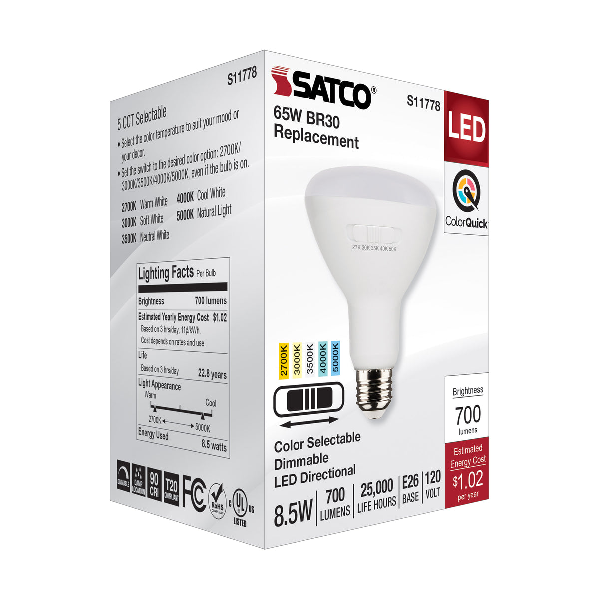 8.5 Watt BR30 LED - Medium Base - CCT Selectable - White Finish - 90 CRI - 120 Volt