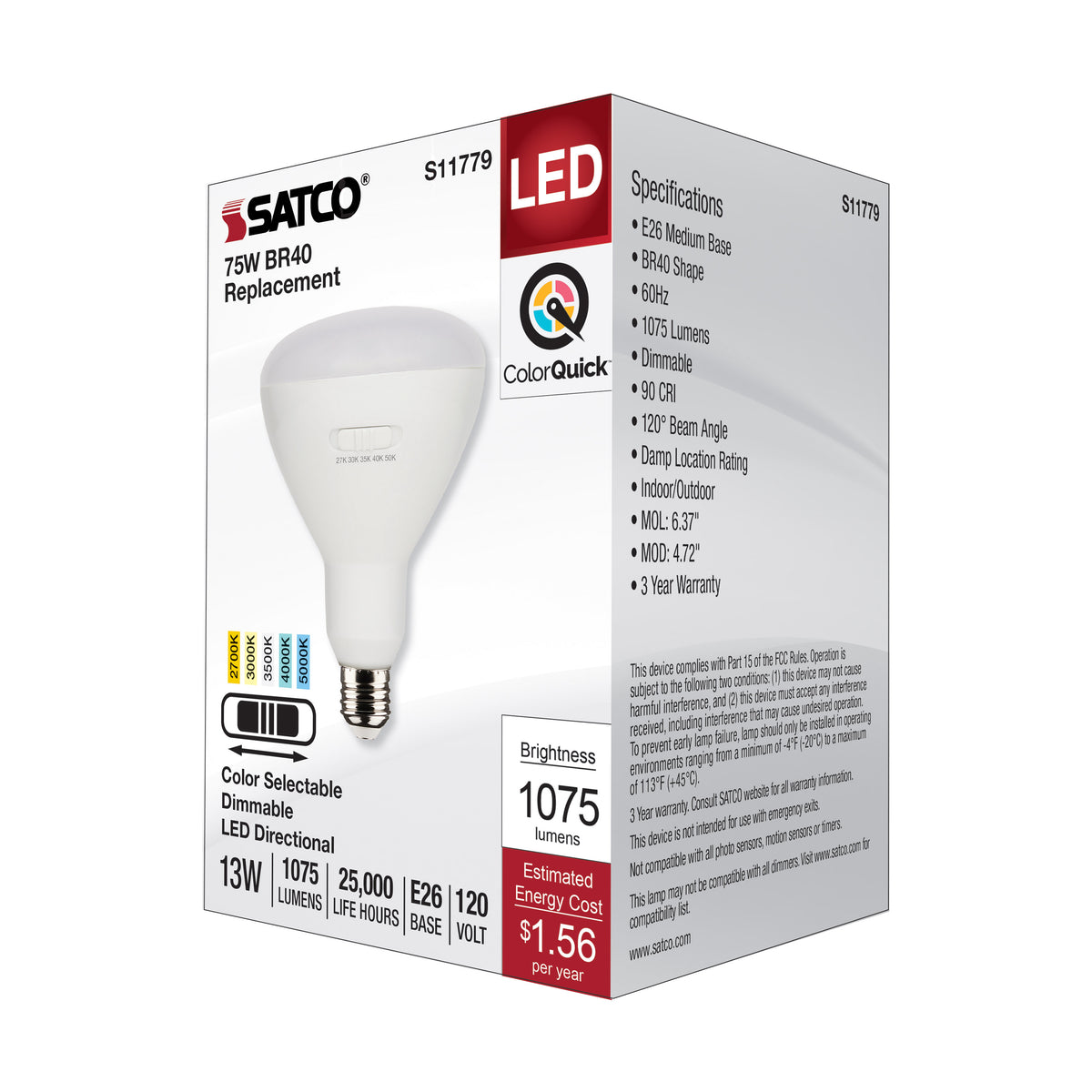13 Watt BR40 LED - Medium Base - CCT Selectable - White Finish - 90 CRI - 120 Volt