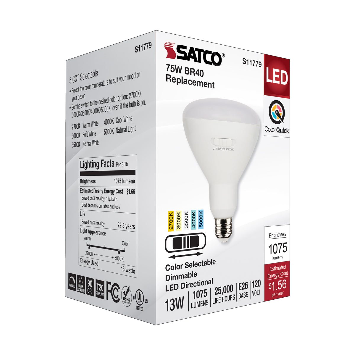 13 Watt BR40 LED - Medium Base - CCT Selectable - White Finish - 90 CRI - 120 Volt