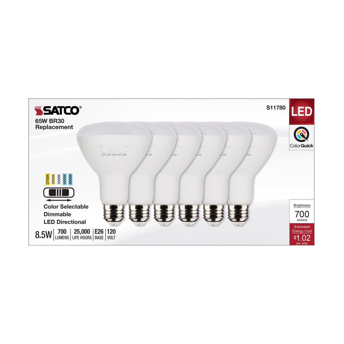 8.5 Watt BR30 LED - Medium Base - CCT Selectable - White Finish - 90 CRI - 120 Volt - 6 Pack