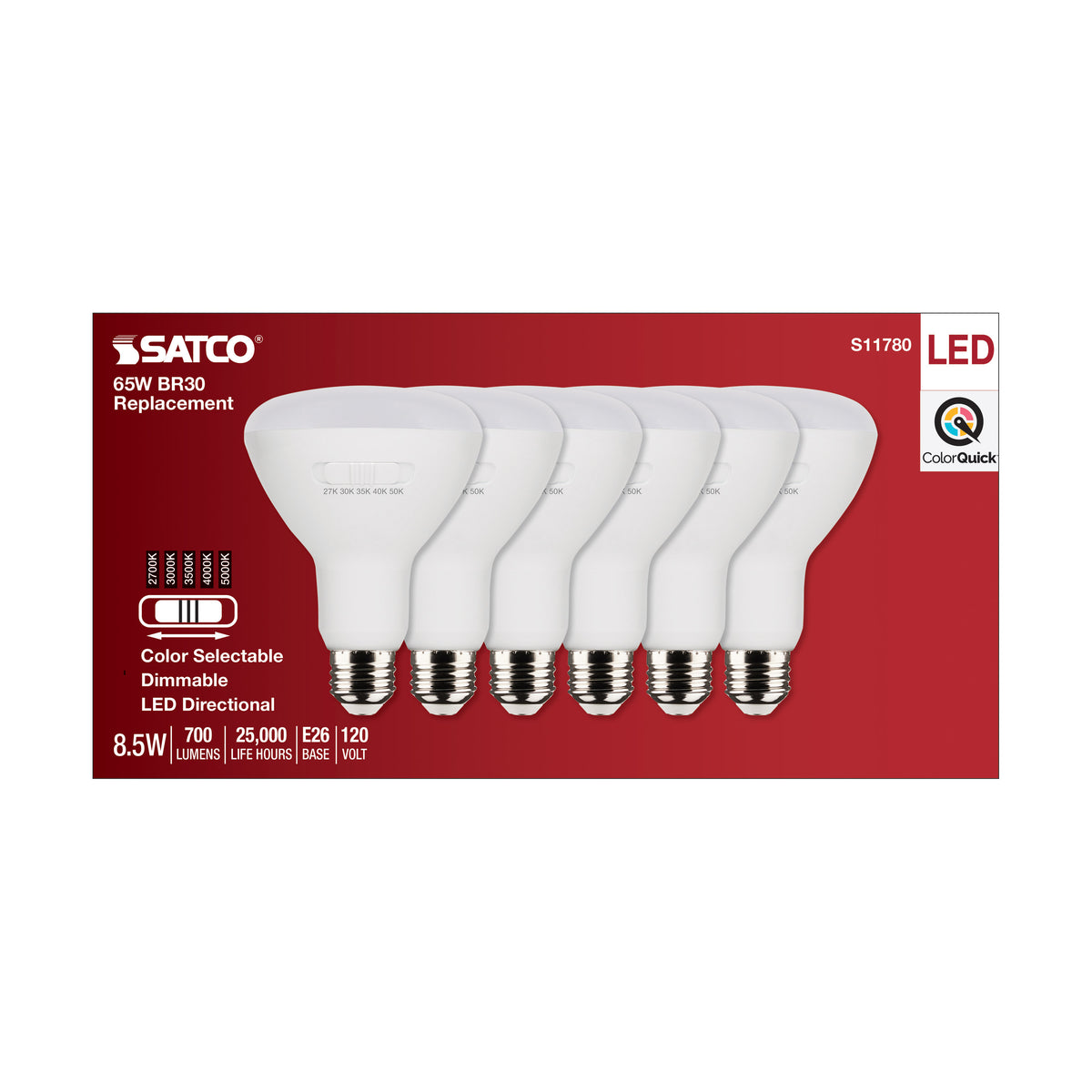 8.5 Watt BR30 LED - Medium Base - CCT Selectable - White Finish - 90 CRI - 120 Volt - 6 Pack