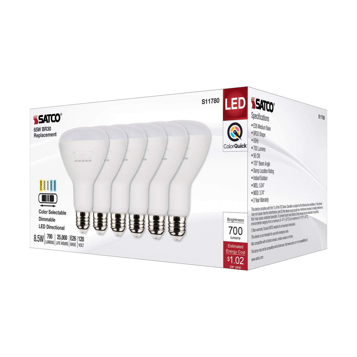 8.5 Watt BR30 LED - Medium Base - CCT Selectable - White Finish - 90 CRI - 120 Volt - 6 Pack