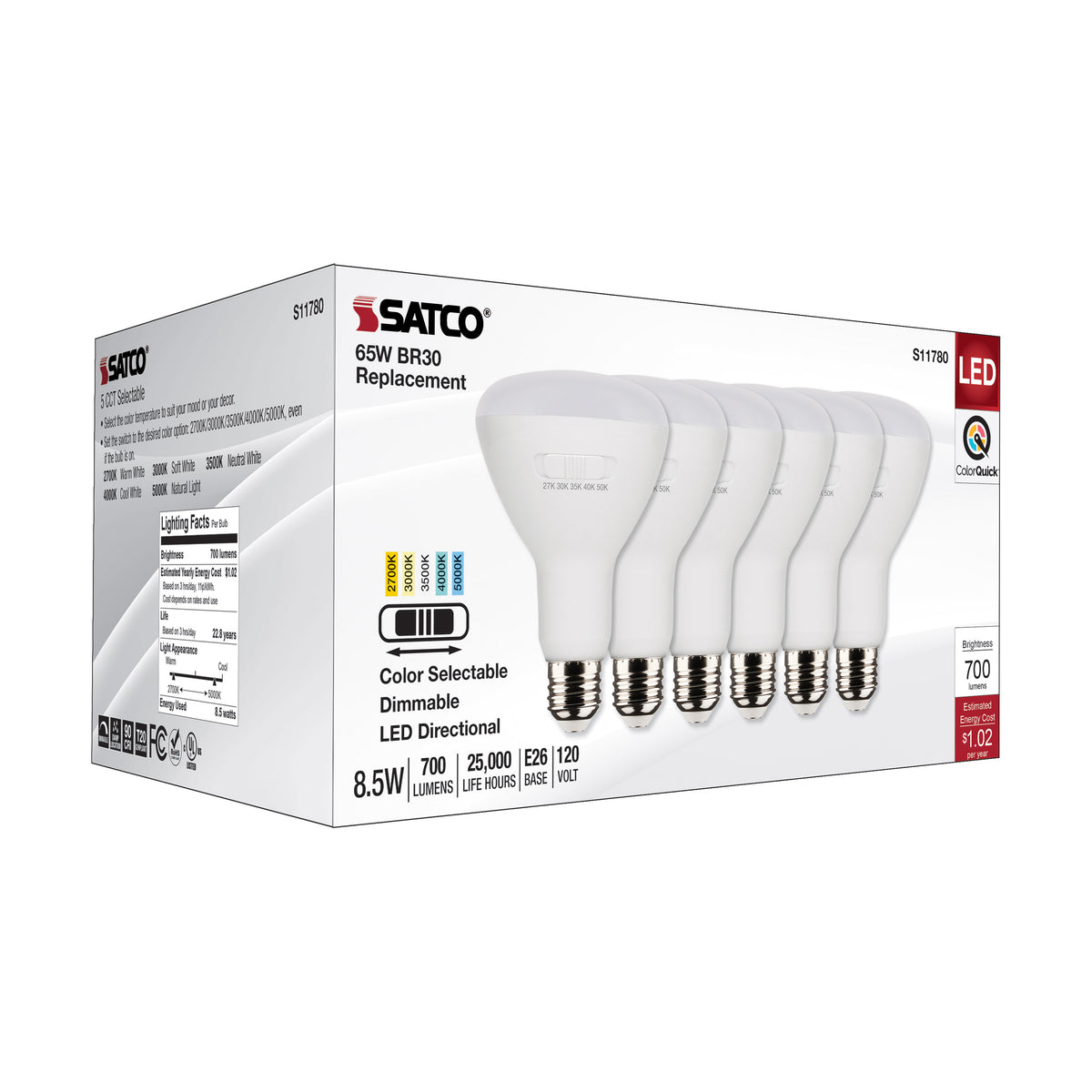 8.5 Watt BR30 LED - Medium Base - CCT Selectable - White Finish - 90 CRI - 120 Volt - 6 Pack