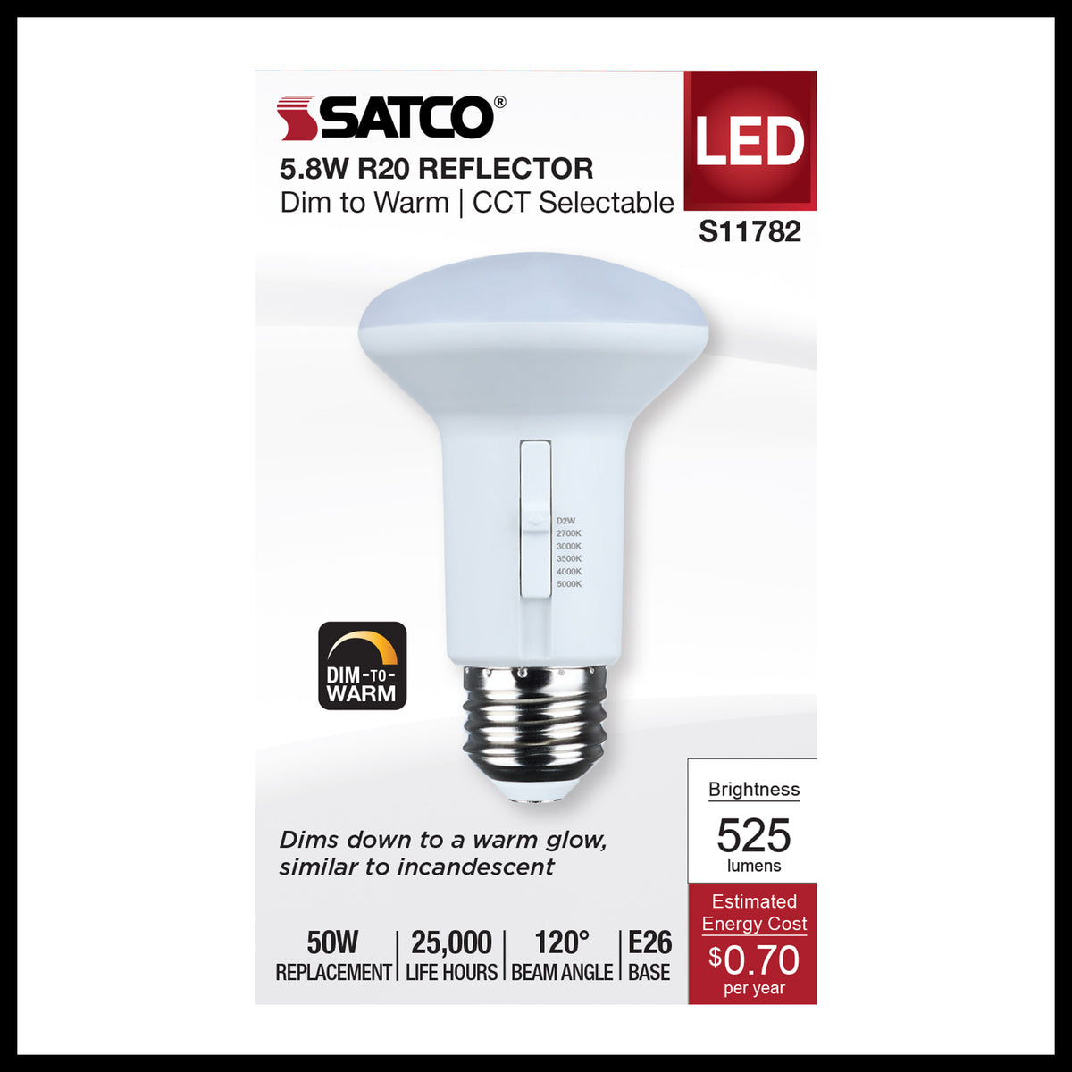 5.8 Watt R20 LED - 27K/30K/35K/40K/50K CCT Selectable - Dim to Warm - White Finish - 120 Volt